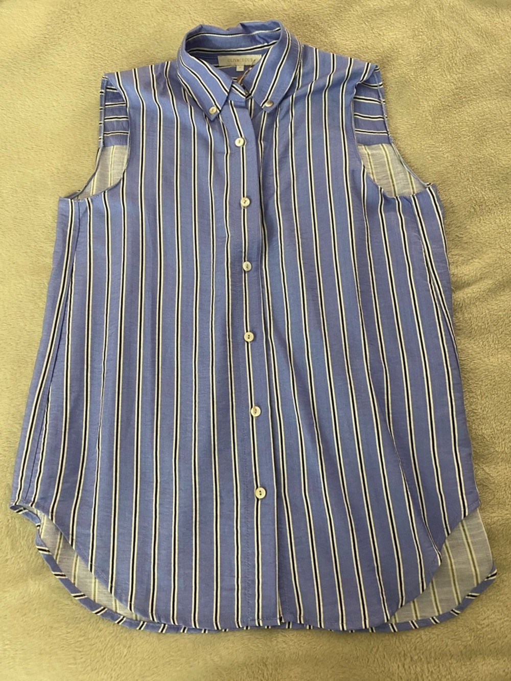Olivaceous Sleeveless Blue Striped Button-Up Shirt - Classic Work-to-Weekend Top